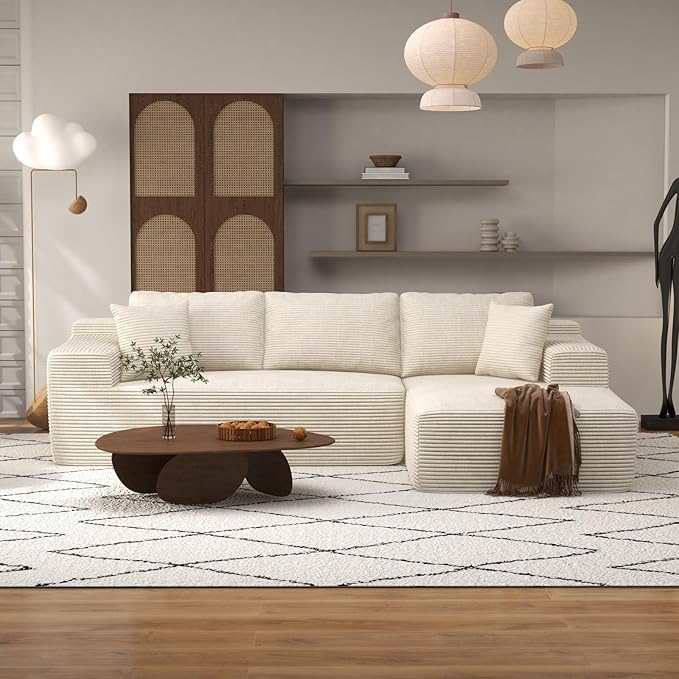 OC Orange-Casual 106.3" Cloud Sectional Couch with L-Shape Chaise,No Assembly Required Modular Sofa,Upholstered Boneless Couches for Living Room, Plush Corduroy Fabric (White, Right Facing Chaise)