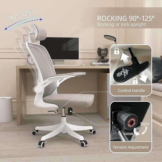 Monhey Office Chair Ergonomic Desk Chair with Lumbar Support&Headrest&Flip-up Arms Height Adjustable Rocking Swivel High Back Computer Chair Warm Taupe Mesh Study Chair (02White+Khaki)