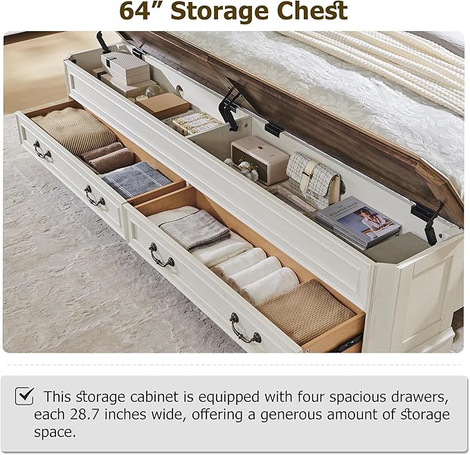 T4TREAM Farmhouse Queen Bed with Headboard and Storage Bench, Rustic Wood Platform Bed with 64" Storage Chest w/ 4 Large Drawer (Antique White)