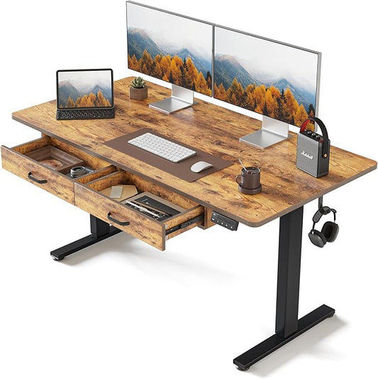 FEZIBO 55 x 24 Inches Standing Desk with Double Wooden Drawers, Adjustable Height Electric Standing Desk, Stand Up Home Office Desk with Splice Tabletop,Black Frame/Rustic Brown Top