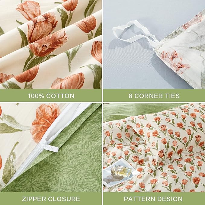 SAPHREAS Red Tulips Floral Green Leaves Duvet Cover Set Twin Size 2pcs Soft Cozy Garden Style Bedding Comforter Cover Set 100% Cotton 1 Duvet Cover 68"x90" 1 Pillow Sham, Comforter Not Included