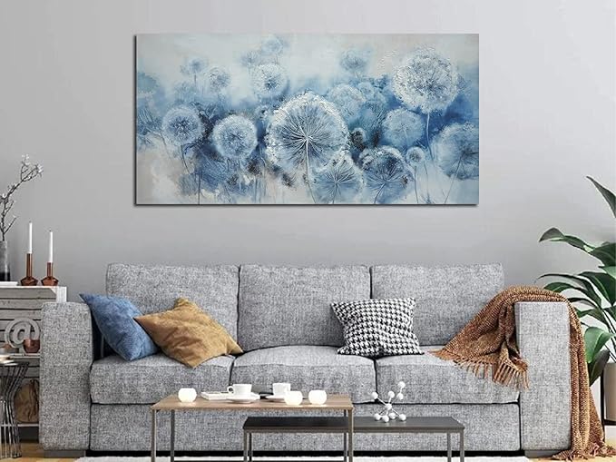 Arjun Flower Wall Art Indigo Blue Dandelion Floral Canvas Painting Watercolor White Textured Modern Artwork Framed for Living Room Bedroom Dinning Room Home Office Wall Decor, Extra Large Size 58"x29"