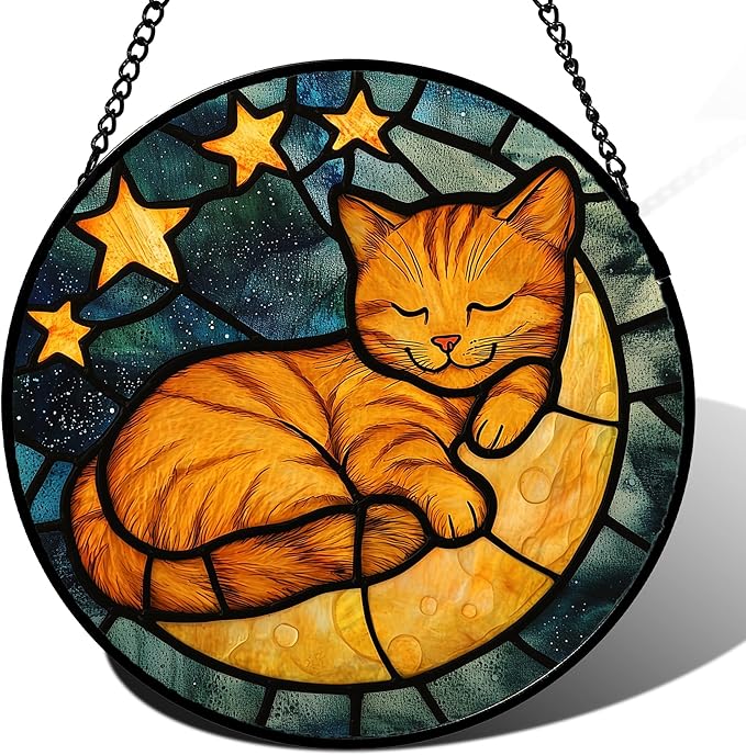 Stained Glass Window Hanging - Orange Cat Sun Catcher for Door Home Decor Stars and Moon Suncatcher Christmas Mother's Day Birthday Loss of a Pet Gifts for Women Men Mom Nana 11.8 in