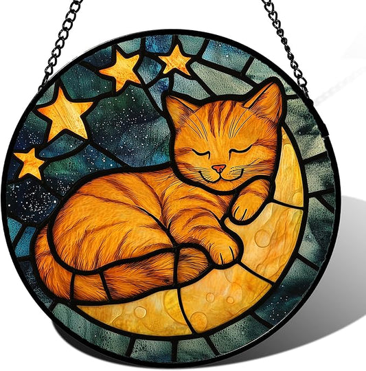 Stained Glass Window Hanging - Orange Cat Sun Catcher for Door Home Decor Stars and Moon Suncatcher Christmas Mother's Day Birthday Loss of a Pet Gifts for Women Men Mom Nana 7.8 in