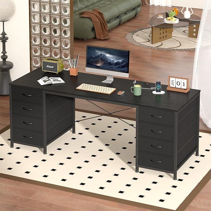 60 Inch Computer Desk with 8 Drawers, Home Office Desk with Power Outlets, Work Study Gaming Desk with 8 Fabric Drawers, Black