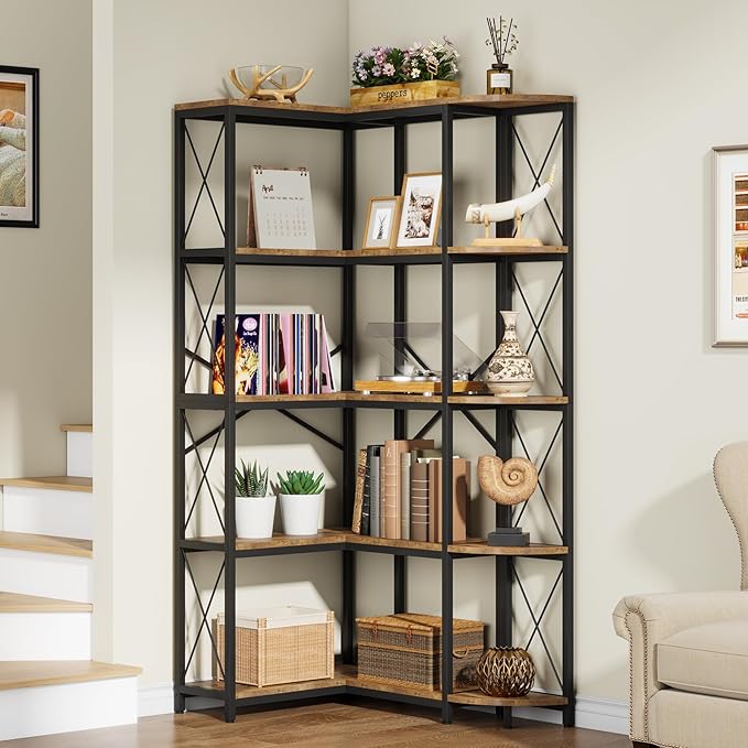 5-Tier Reversible Corner Bookshelf, Modern Industrial Bookcase, 5-Shelf Large L-Shaped Storage Shelf Display Rack with Metal Frame for Living Room, Home Office, Bedroom, Rustic Brown