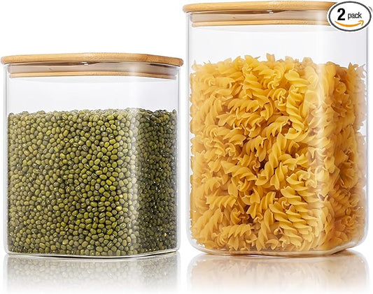 Extra Large Square Glass Flour & Sugar Storage Containers with Airtight Lids, 132oz & 63oz - 2 Pack Glass Jars with Bamboo Lids, Air tight Pantry Food Storage Containers for Cereal, Pasta, Rice
