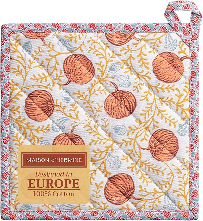 Maison d' Hermine Pot Holders 100% Cotton Heat Resistant Potholders 8" x 8" Hot Pads with Loop for Thanksgiving Christmas Decorations BBQ Cooking Baking Handling Hot Pans (Pack of 1, Harvest Festival)