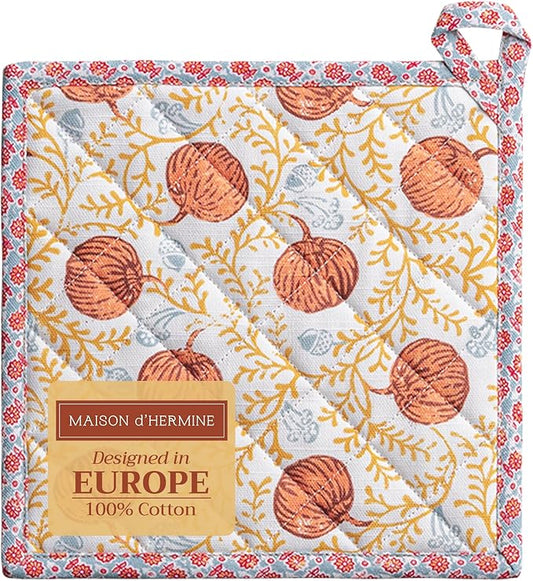 Maison d' Hermine Pot Holders 100% Cotton Heat Resistant Potholders 8" x 8" Hot Pads with Loop for Thanksgiving Christmas Decorations BBQ Cooking Baking Handling Hot Pans (Pack of 1, Harvest Festival)