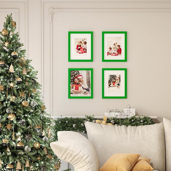 KINLINK 8x10 Picture Frame Grass Green, Solid Wood Frames with Acrylic Plexiglass for Pictures 4x6/5x7 with Mat or 8x10 without Mat, Tabletop and Wall Display Photo Frame, 4 Pack