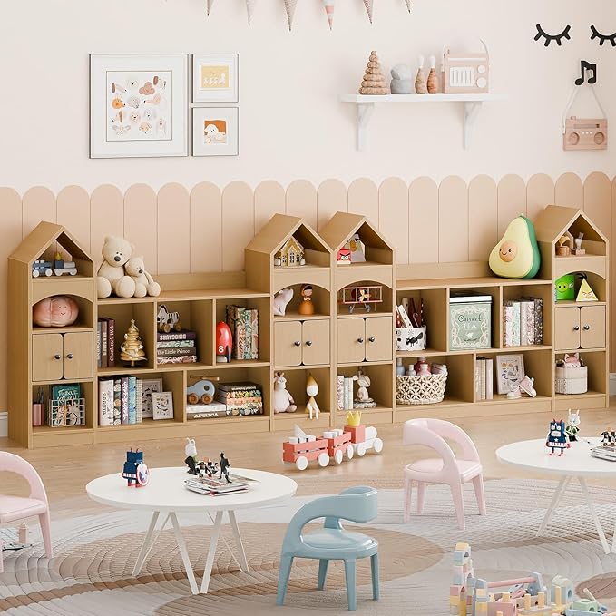 Vabches Castle Shape Children's Bookshelf, Kids Bookcase Display Case Kids Toy Storage Organizer Multifunctional Storage Cabinet Bookshelf Suitable for Playroom, Children's Room, Living Room, Oak