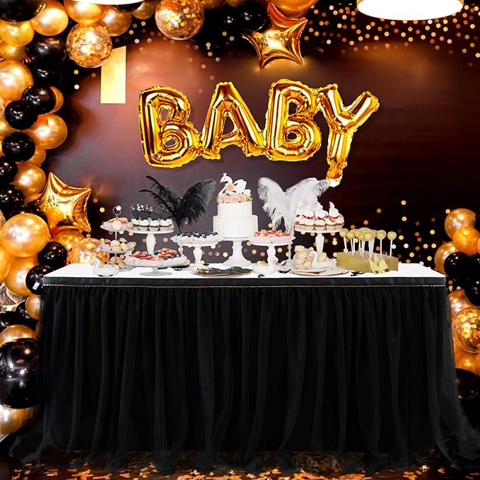 Suppromo 14 Black Tutu Table Skirt for Parties Ruffle Tulle Table Skirt for Black Gold Theme Birthday Party Graduation Wedding Baby Shower Decoraitons