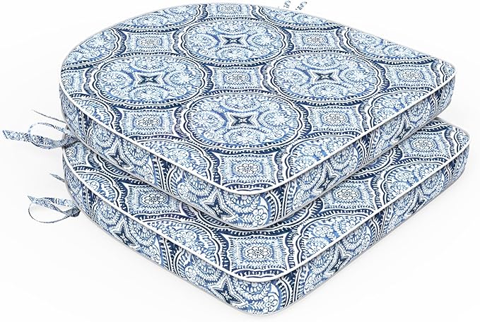 Set of 2 Outdoor Chair Cushions 19"x19"x2",Water Repellent Dining Seat Cushion with Ties and Removable Covers, Chair Cushions for Indoor and Patio Furniture, Medallion Blue