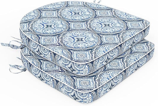 Set of 2 Outdoor Chair Cushions 19"x19"x2",Water Repellent Dining Seat Cushion with Ties and Removable Covers, Chair Cushions for Indoor and Patio Furniture, Medallion Blue