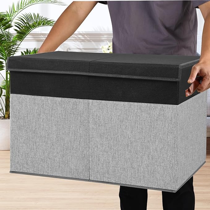 Large Toy Storage Box with Lid, Sturdy Toys Storage Chest Bin Organizer Basket with Dividers for Kids, Boys, Girls, Nursery, Closet, Bedroom, Playroom 26"x17" x17" (Black and Grey)