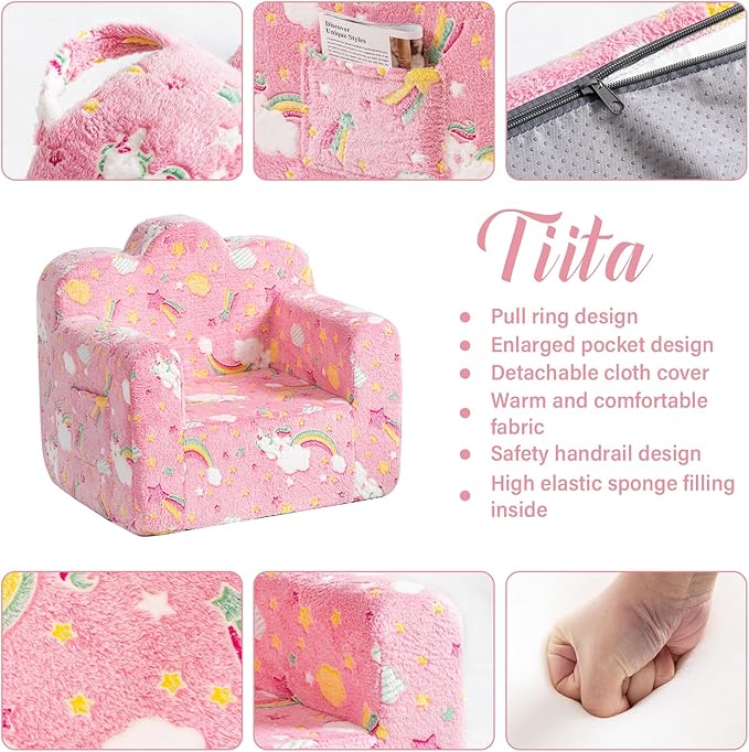 Tiita Kids Couch Plush Toddler Chair, Cloud-Like Glow in The Dark Kids Sofa Toddler Reading Chair with Washable Cover Carrying Handle, Convertible Children Sofa Chair for Girls and Boys