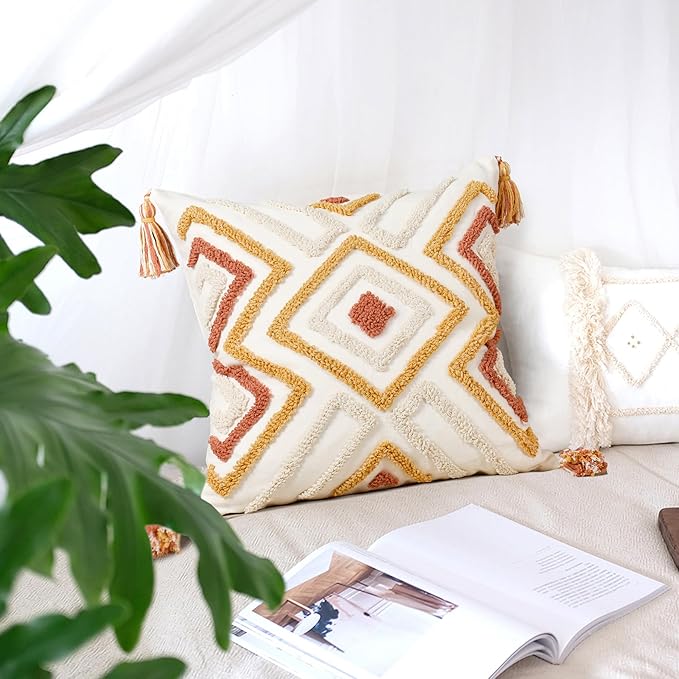 Boho Pillow Covers 18X18 Inch Boho Tufted Throw Pillow Covers Decorative Tassels Cushion Cover Farmhouse Pillow Case for Couch Sofa Bed Living Room Bedroom, Rust