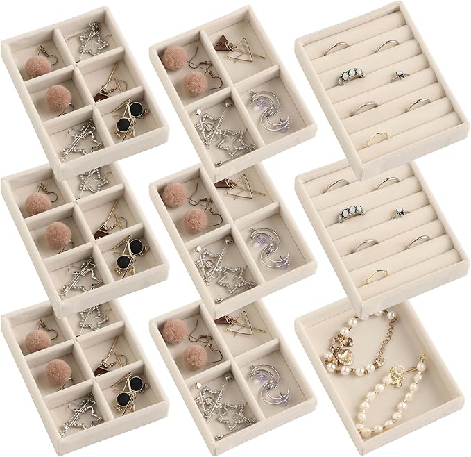 Frebeauty Small Jewelry Tray Set,Stackable Velvet Jewelry Organizer Tray,Mini Jewelry Drawer Organizer,Drawer Inserts,4.92 x 3.74 x 0.9 Inches,Earring Organizer for Women(Set 9,Beige)