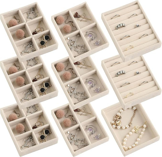 Frebeauty Small Jewelry Tray Set,Stackable Velvet Jewelry Organizer Tray,Mini Jewelry Drawer Organizer,Drawer Inserts,4.92 x 3.74 x 0.9 Inches,Earring Organizer for Women(Set 9,Beige)