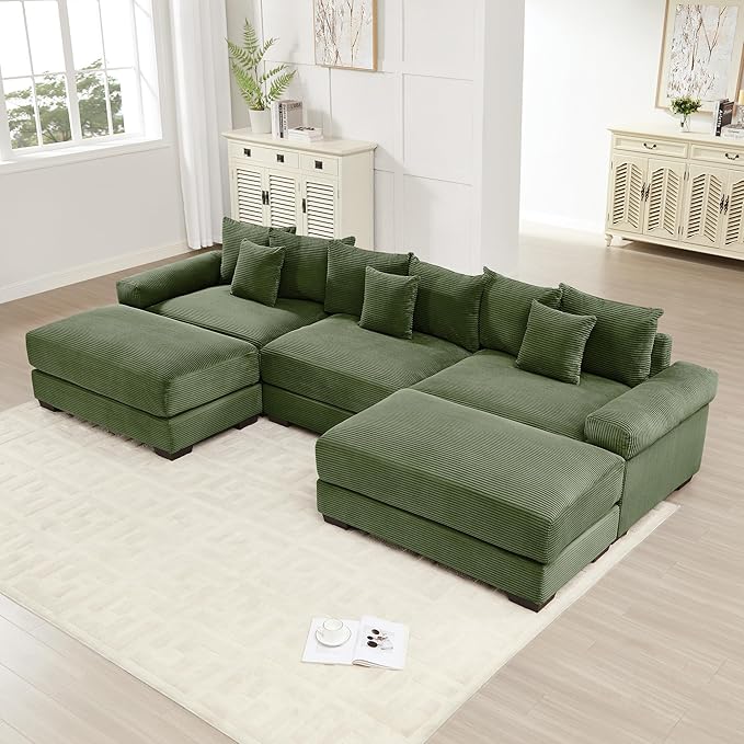 KEIKI 130" U-Shaped Oversized Corduroy Modular Cloud Sectional Sofa with 2 Ottoman, High-Density Foam Cushion, Extra-Thick Armrest, 3-Seater Fluffy Corner Couch with 9 Pillow, for Living Room, Green