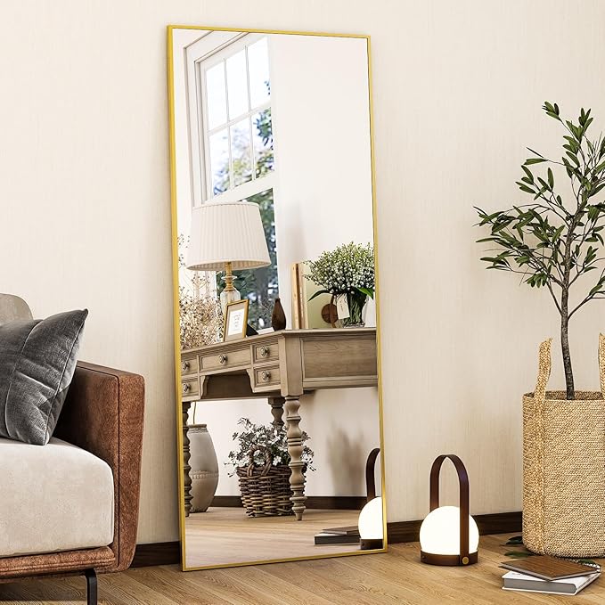 HARRITPURE 21"x56" Full Length Mirror Floor Rectangle Mirrors Aluminum Frame Standing Wall & Leaning Large Dressing Mirror for Living Room Bedroom Cloakroom,Gold