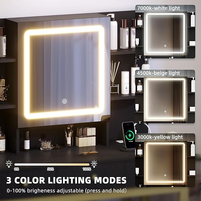 DWVO Vanity Desk with LED Lights Mirror & Power Outlet, Adjustable 3 Lights Modes, Makeup Table with Stool and Hidden Storage Shelves, 3 Drawers, Dressing Table Set with Chair, Upgraded, Black