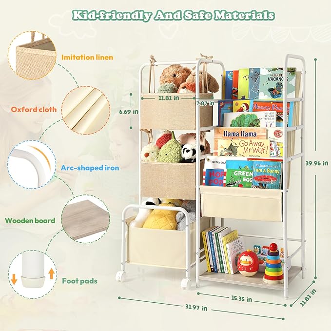 Kids Bookshelf and Toy Storage, Montessori Bookshelf, 4-Tier Baby Toddler Book Shelves, Bookshelf for Kids with Toy Storage Organizer, Book Shelf for Kids Rooms Nursery Playroom Classroom