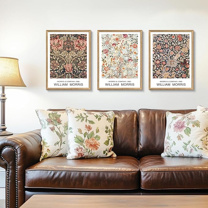 Cyebmo Wood Framed William Morris Wall Art Set of 3, Rustic Farmhouse Floral Wall Decor, Retro Flower Plants Aesthetic Picture, Vintage Botanical Art Prints for Living Room Bedroom Bathroom 16"x24"x3
