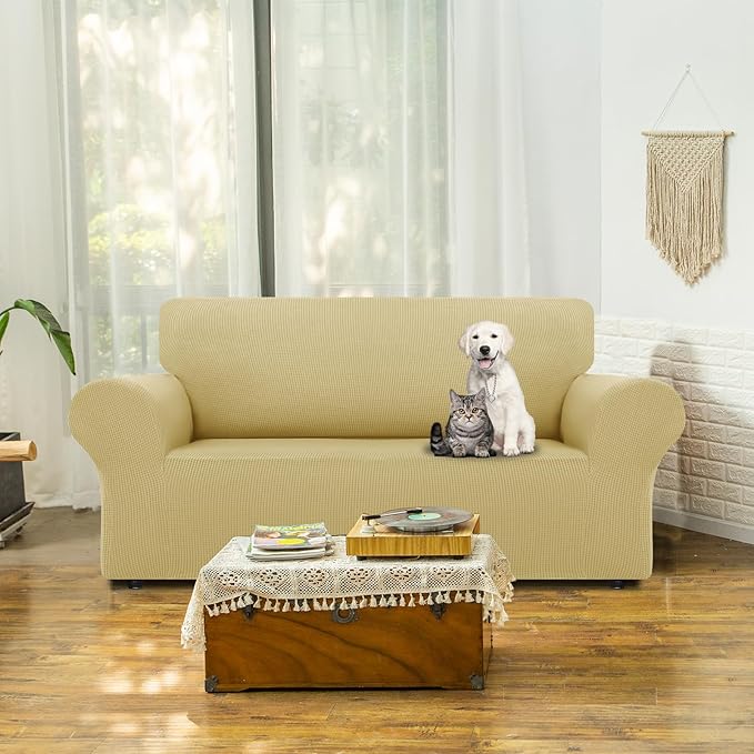 LURKA Stretch Loveseat Sofa Slipcovers 1 Piece Couch Covers for Sofa Furniture Protector Full Sofa Covers with Elastic Bottom for Kids and Dog (Champagne, Medium)