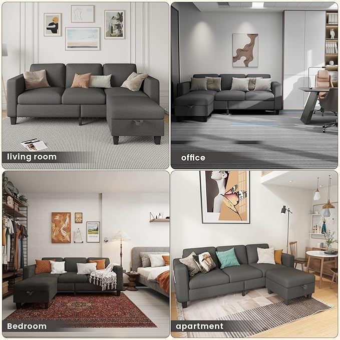 Sectional Sofa Couches for Living Room - L Shaped Cloud Couch-Small Modular 3 Seat-Comfy Linen with Storage Deep Seat Sofa,Washable Covers-Suitable for Living Room-Apartment-Office-Bedroom-Dark Grey