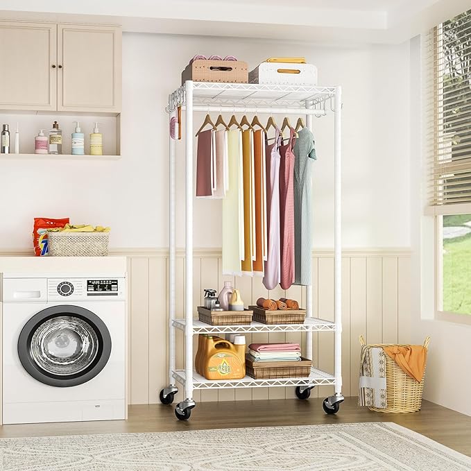 FUTASSI P6 Medium Rolling Clothes Rack Heavy Duty, Clothing Racks for Hanging Clothes, Freestanding Garment Rack with Wheels, Portable Closet Rack Max Load 370 LBS, 30''W x 14''D x 77.6''H, White