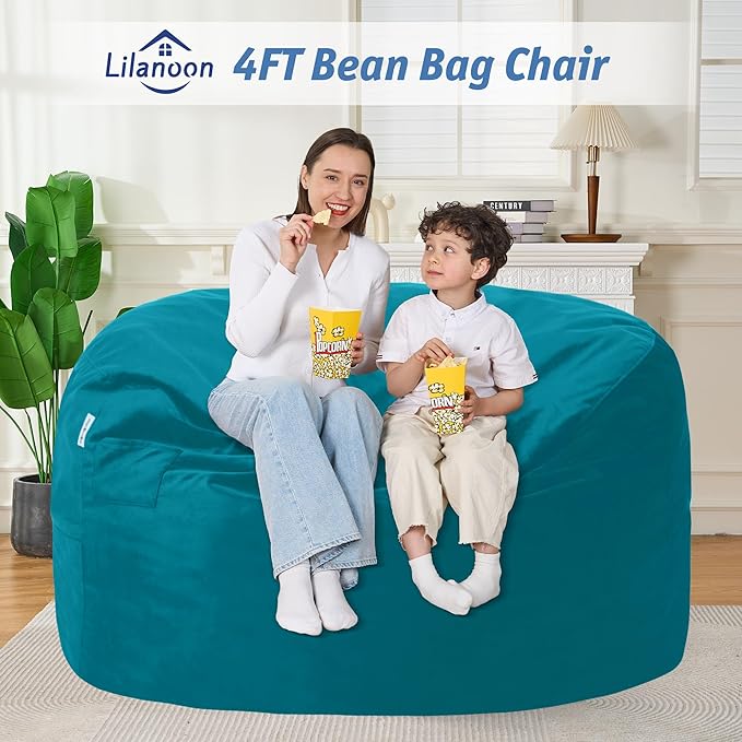 4FT Bean Bag Chair with Ultra Soft Velvet Cover Bean Bag Sofa with Memory Foam Bean Bag Chairs with Large Size Lazy Sofa for Dorm Office Living Room Bedroom Sea Blue 4'