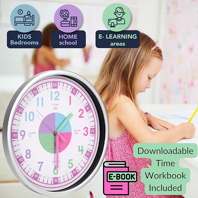 OWLCONIC Telling Time Teaching Clock for Kids - Analog for Bedrooms, Playroom, Homeschool Decor, School Classroom Learning, Educational for Learning to Tell Time