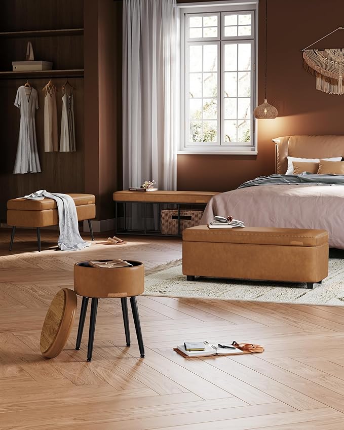 VASAGLE EKHO Collection - Storage Ottoman Bench, Entryway Bedroom Bench, 25 Gallons, Synthetic Leather with Stitching, Mid-Century Modern, Safety Hinges, Loads 660 lb, Caramel Brown ULOM075K01