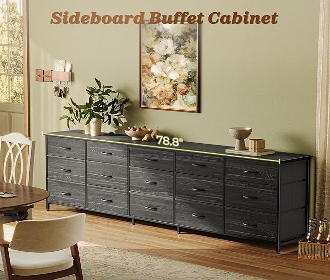Huuger 78.7 inch Long Dresser for Bedroom, 15 Drawer Fabric Dresser for Closet, Large TV Stand for 65, 75, 85 inch TV, Wide Chest of Drawer with Storage, 78.7" W x 12.9" D x 26.7" H, Charcoal Black