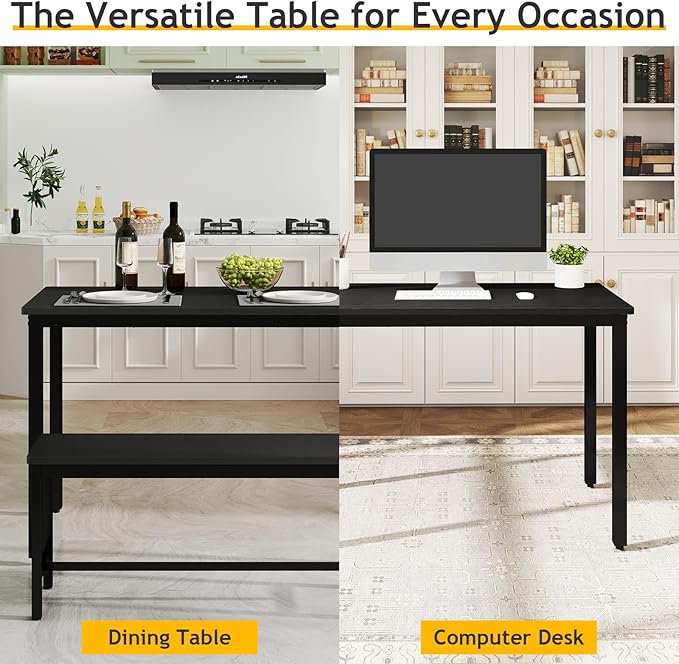 Rovibek 43" Dining Table Benches Set for 4, Modern Space Saving Kitchen Table Chairs & Adjustable Feet Breakfast Table 2 Benches, Wooden Industrial Style Farmhouse, Black