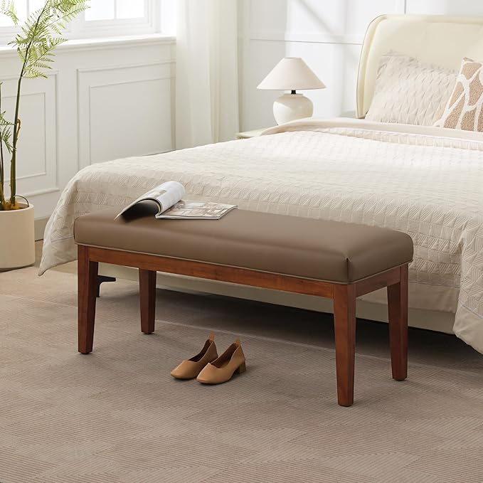43.5'' Faux Leather Bedroom Bench, Upholstered End of Bed Bench, Padded Vintage Dining Bench, Entryway Bench with Solid Wood Legs, Kitchen, Living Room, Hallway, Brown