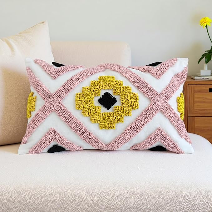 Boho Accent Lumbar Pillow Covers 12x20 - Tufted Abstract Modern Throw Pillow Covers, Farmhouse Decorative Pillowcase for Couch, Sofa, Bed, Living Room -Pink Black Orange Geometric