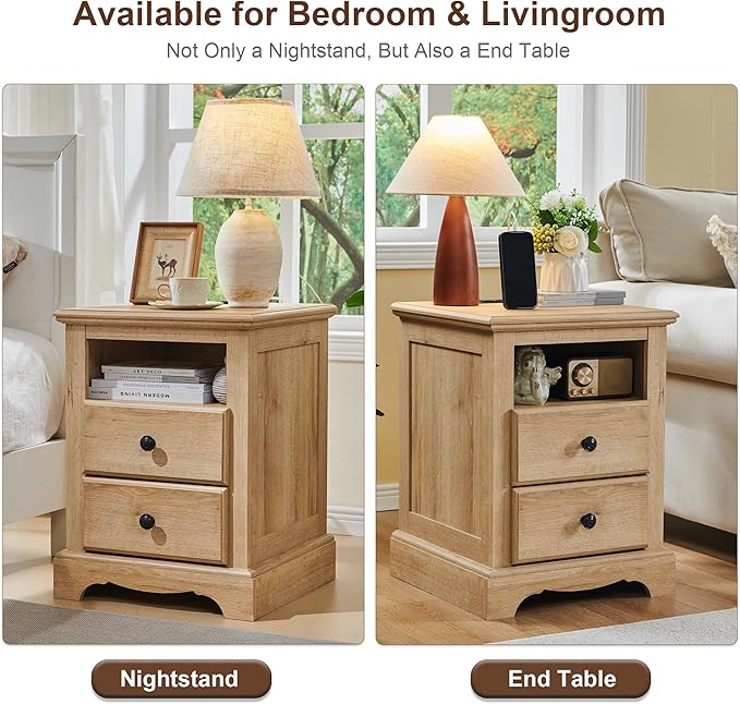 T4TREAM Nightstand with Charging Station, 18 Inch Vintage End Table with 2 Drawers, Wood Rustic Sofa Side Table with Open Storage Shelf for Bedroom, Living Room, Natural Oak