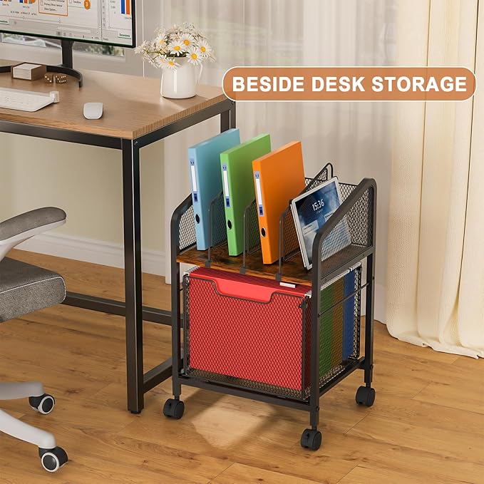 Rolling File Cabinet with Adjustable Dividers, Mobile Filing Cabinet with Storage Drawer on Lockable Wheels, Hanging File Organizer Beside Under Desk for Office, Home（Patent Pending）