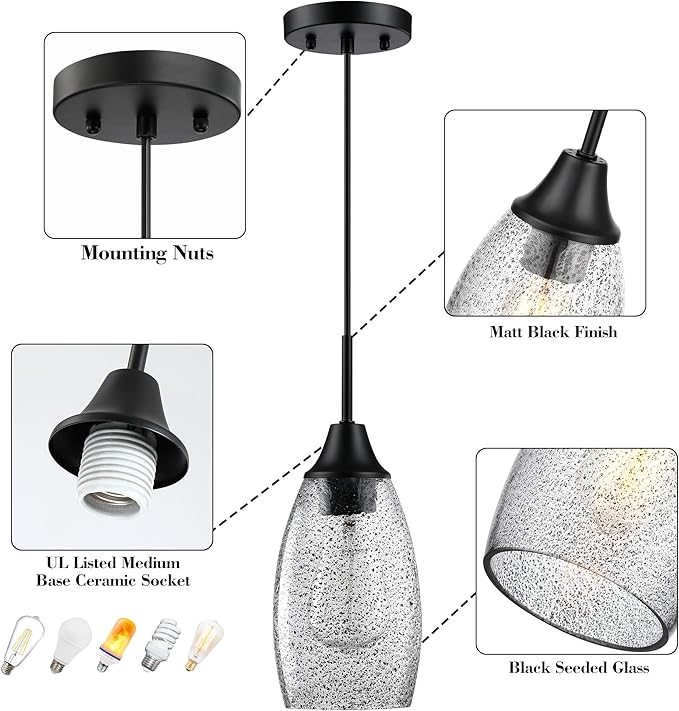 Mini Glass Pendant Light,4.72" Black Glass Hanging Light 3-Pack Handblown Clear Black Seeded Shade Adjustable Cord Ceiling Light Fixture for Kitchen Island Sink
