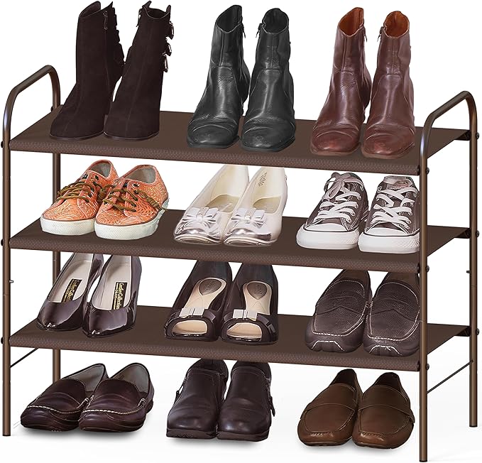 Simple Houseware 3-Tier Shoe Rack Storage Organizer, Bronze – Space-Saving Shoe Shelf, Holds 9–16 Pairs, Sturdy Metal Frame, Easy Assembly – Closet, Entryway, Bedroom Shoe Storage Solution