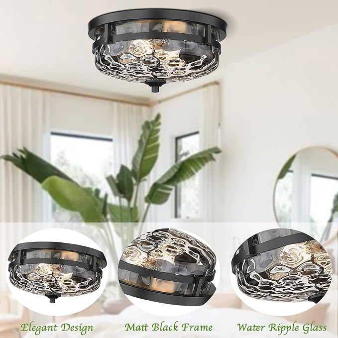 Casia Flush Mount Ceiling Lights, 2-Light Farmhouse Close to Ceiling Light, Hammered Glass Ceiling Light, Industrial Ceiling Lighting Fixture for Kitchen Hallway Living Room Stairwell (Black)