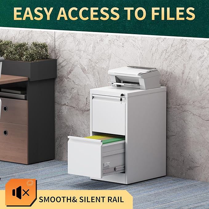 2 Drawer File Cabinet with Lock, Steel Vertical Filing Storage Cabinet for Home Office, Heavy-Duty File Cabinets for Letters/Legal/A4 (Require Assembly, White)