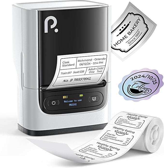 POLONO PM220S Label Maker Machine with Tape, 2 Inch Bluetooth Thermal Label Printer, Portable Sticker Printer for School, Office, Home, Business, Label Maker with 2'' x1.18'' Labels, White