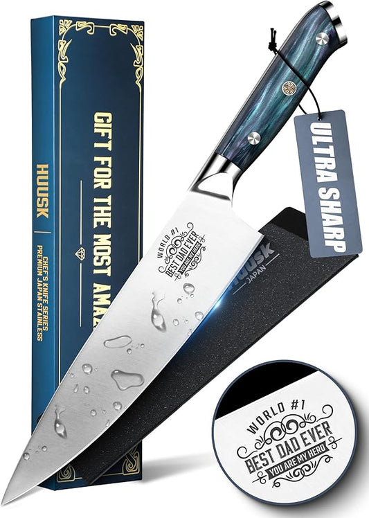 Huusk Father's Day Gifts for Dad, 8" Chef Knife for Kitchen, Gift for Father's Day, Best Dad Ever Gift, Stainless Kitchen Knife with Resin Handle, Full Tang Cooking Knives, Gifts Box