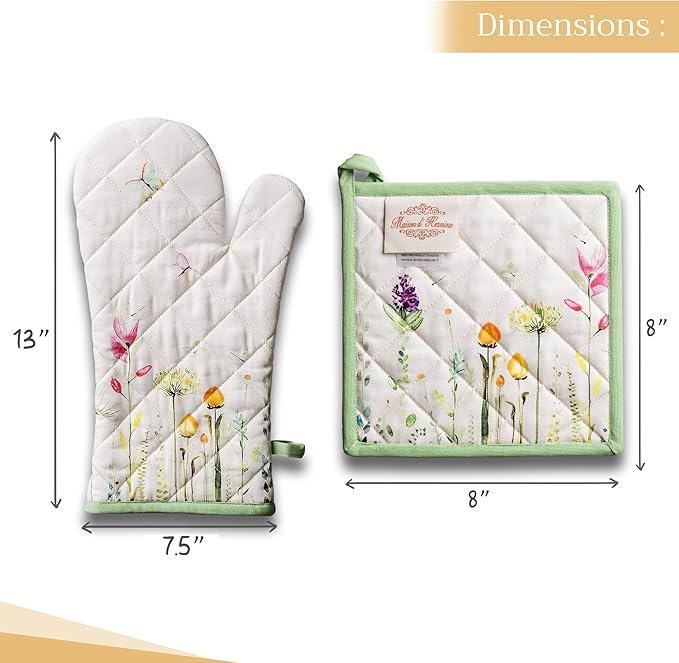 Maison d' Hermine 100% Cotton Oven Mitt & Pot Holder Set (7.5"x13" & 8"x8") Heat Resistant BBQ Cooking Gloves with Loop, Baking, Grilling, Kitchen, Handling Hot Pans Spring/Summer (Botanical Fresh)