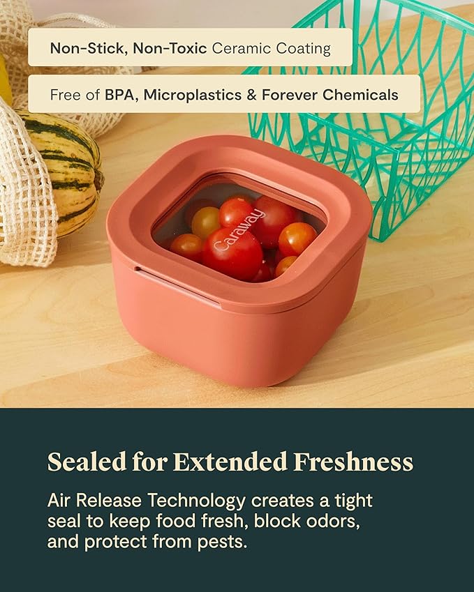 Caraway 6pc Food Storage Container Set - 1.75 Cup Glass Storage Container for Food (6) - Non-Toxic Ceramic-Coated Glass - Air Release Technology - Compact & Stackable Design - Perracotta