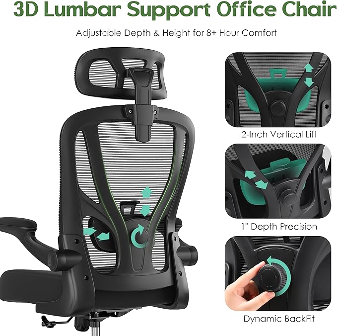 Office Chair Ergonomic Desk Chair - Mesh High Back Office Chair with Headrests Wheels Lumbar Support Home Desk Office Chairs Flip up Armrest Executive Rolling Swivel Task Computer Chair Black