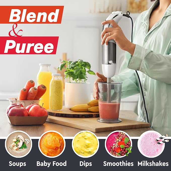 Mueller Multistick 800W 5-in-1 Immersion Blender Handheld, 12 Speed Hand Mixer - Turbo Boost, Heaviest Duty Copper Motor, Titanium Blades Blenders for Kitchen, Milk Frother Wand, Whisk, White